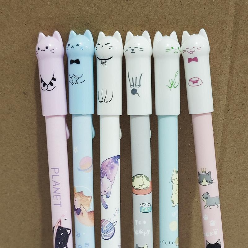 6Pcs Student Teacher Gift 0.5Mm Cute Cat Tail Erasable Gel Pen Set Blue Magic Refill School Office Kawaii Writing Stationery