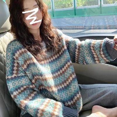 Japanese Retro Women's Sweater Striped Jacquard Round Neck Top Ladies Loose Lazy Style Warm Pullover