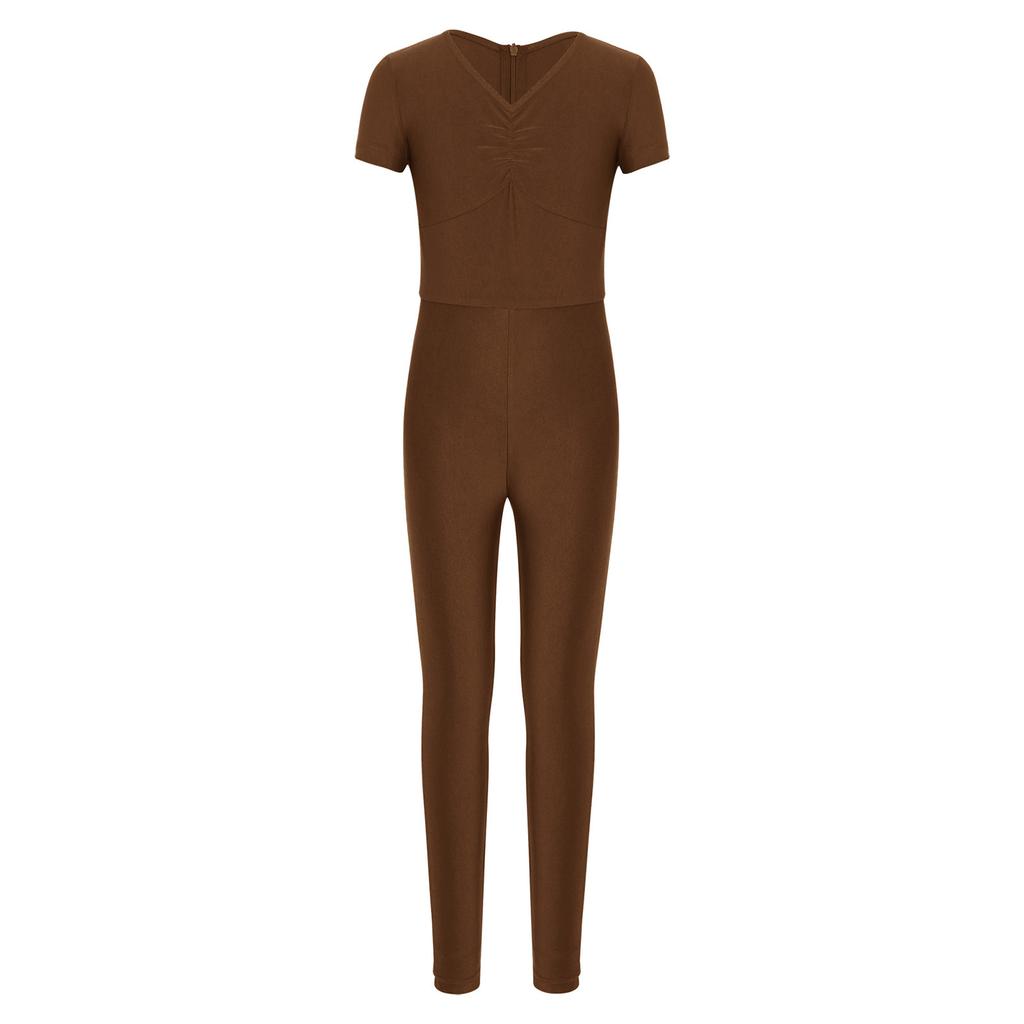 Kids Ballet Bodysuit V Neck Short Sleeve Ruched Front Leotard with Back Invisible Zipper for Gymnastics Figure Skating Performance