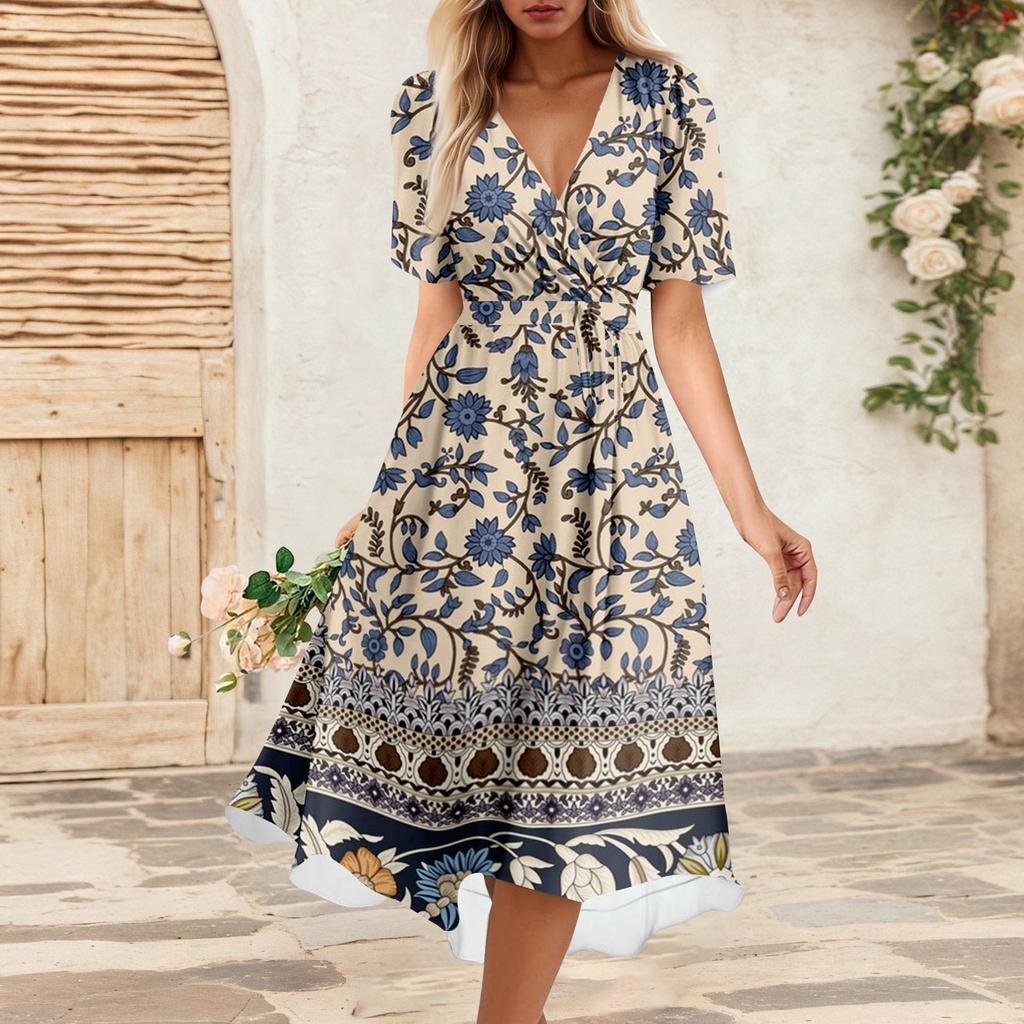 Women's Summer Loose V Neck Short Sleeve Dress, Elegant Dress