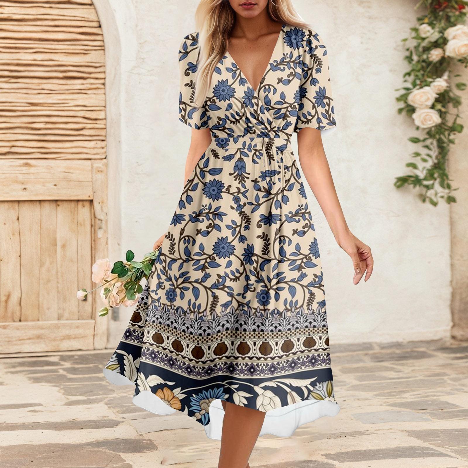 Женское летнее свободное платье с V-образным вырезом и коротким рукавом, элегантное платье L