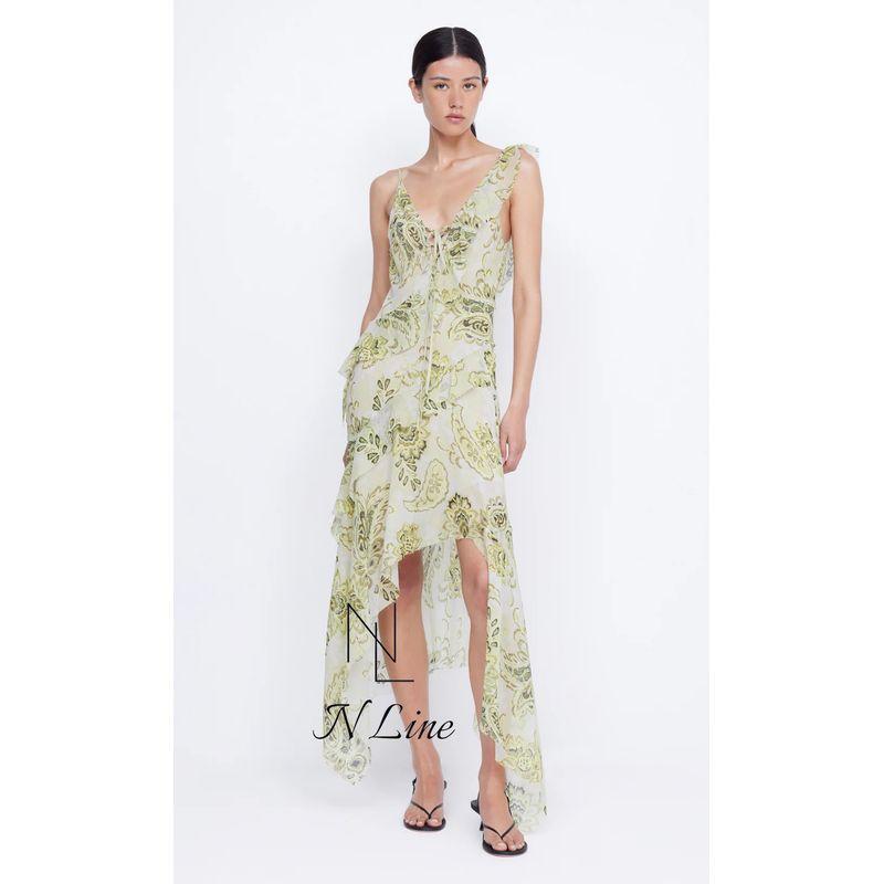 

Fashion Direct Mining Bec + Bridge 24 Summer New Arrival Green Shivering V Neck Asymmetric Sling Maxi Dress V Neck Asymmetrical Maxi Dress M/10