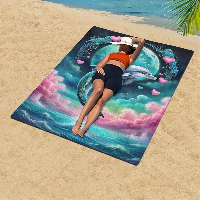 1PCMagical Moon Dolphin Beach Towel, Quick Dry Sand Free Oversized Microfiber Towel