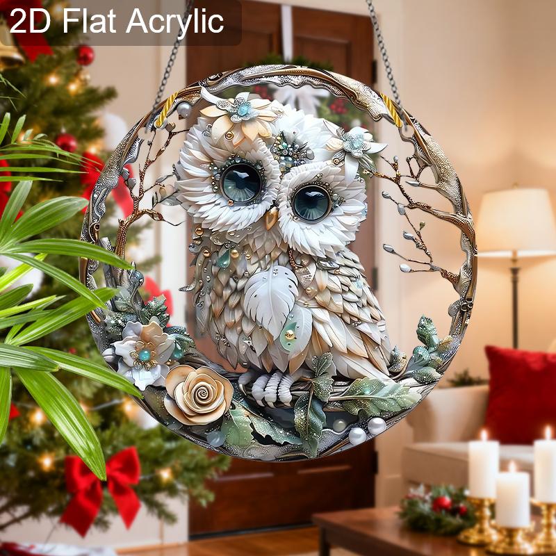 Acryl Weiße Eule Sonnenfänger Glasmalerei-Effekt Fensterhänge-Ornament Eulenliebhaber Weihnachtsgeschenke