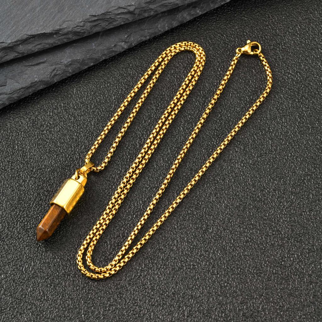 Vnox Tiger Eye Black Agate Bullet Pendant Necklace for Men, Gold Sliver Color Stainless Steel Box Chain Necklaces Jewelry Gifts