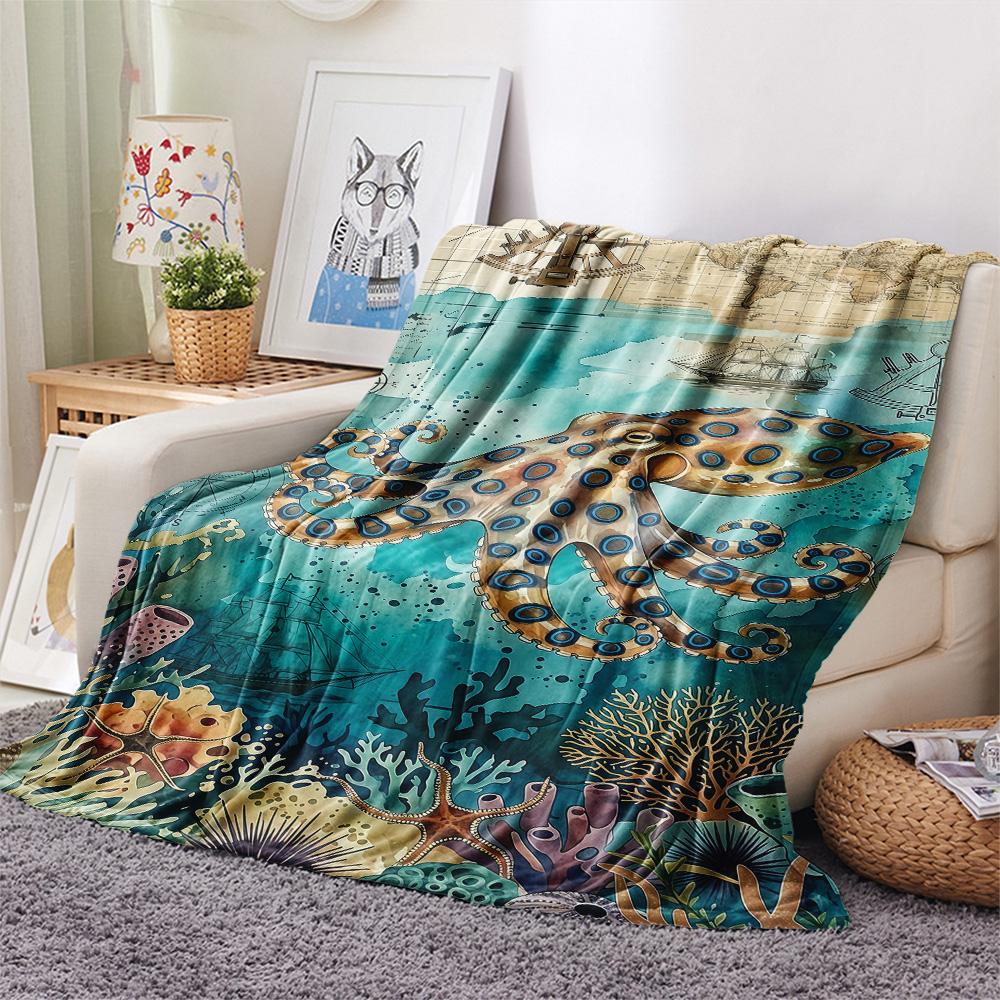 1PC Marine Animals  Print FlAannel Blanket, High Quality Comfortable for All Seasons, Home Decor, Warmth and Comfort