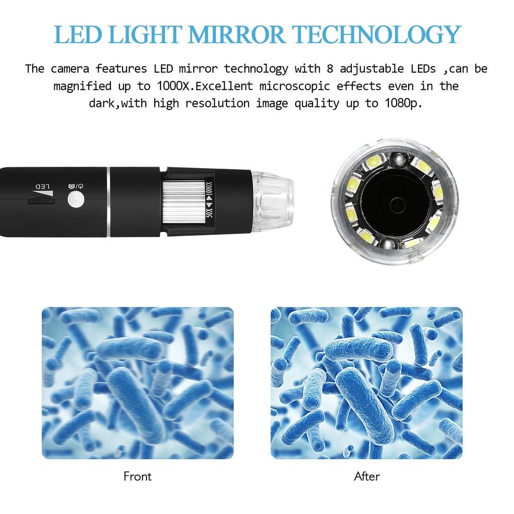 WiFi Digital Microscope Built in Camera 1080P HD 2MP 50x-1000x Magnifying Endoscope with 8LEDs for Android iOS Smartphone iPad  PC