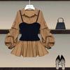 Camicia finta in due pezzi con risvolto, manica a lanterna, casual ed elegante, con patchwork abbinato, camicetta finta