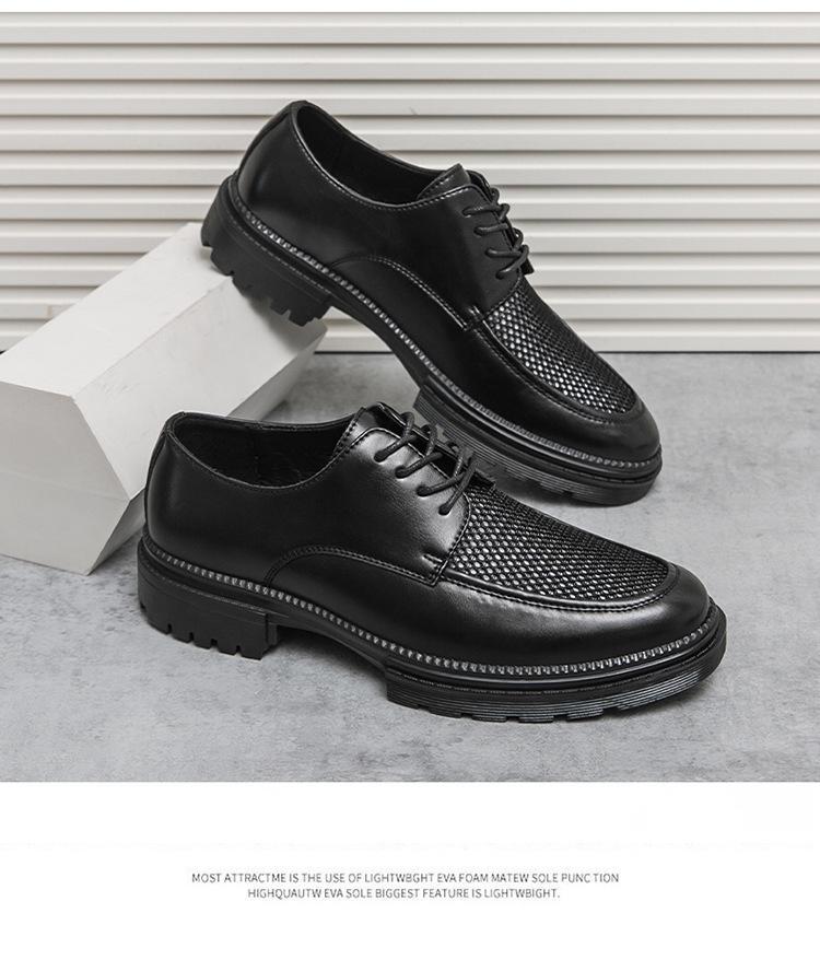Men's Plus Size Brogue Leather Shoes with Thick Sole, Height Increasing Design, British Style, Hollowed-out, Casual Suit Shoes