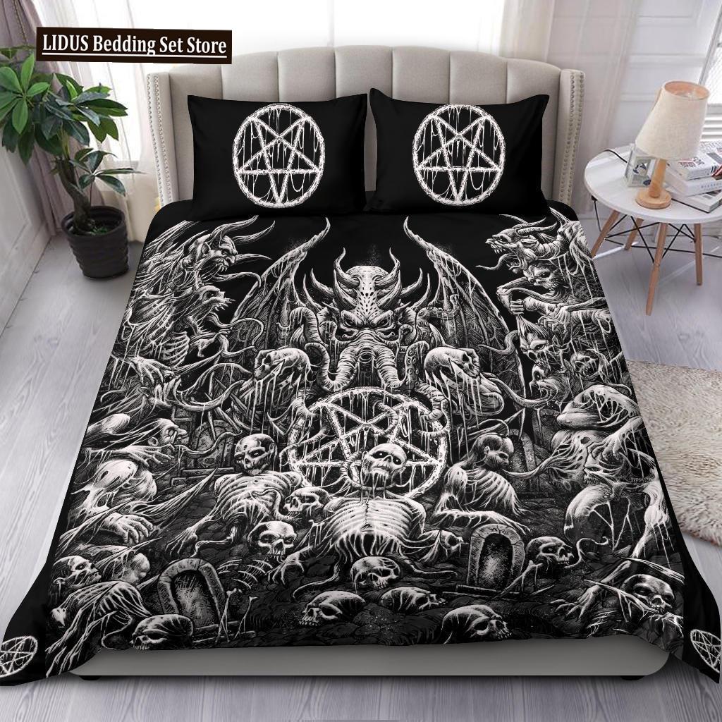 Skull Skeleton Satanic Goat Skull Duvet Cover Set Trophy Demon Breed Bedding Sets Night Blue Pink Satanic Baphomet Quilt Cover