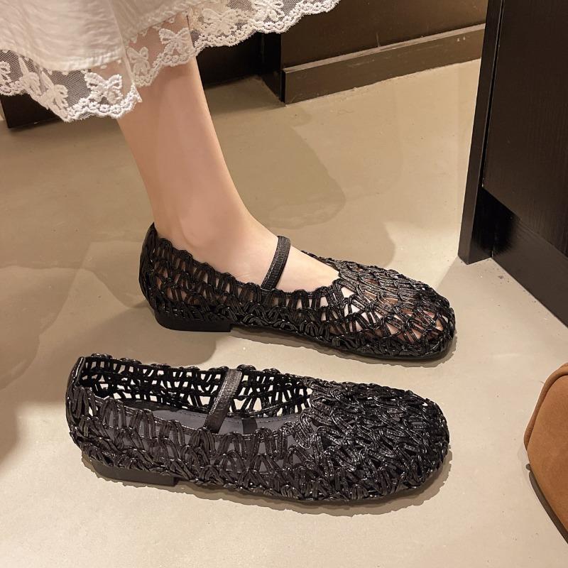 Fashion Flat Woven Shoes Women Summer Square Toe Cutout Breathable Shallow Mouth Mary Jane Sandals with Skirt Single Shoes
