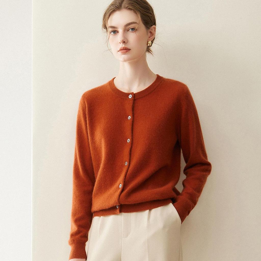 Lekasha 100% Pure Cashmere Knitted Round Neck Cardigan for Women