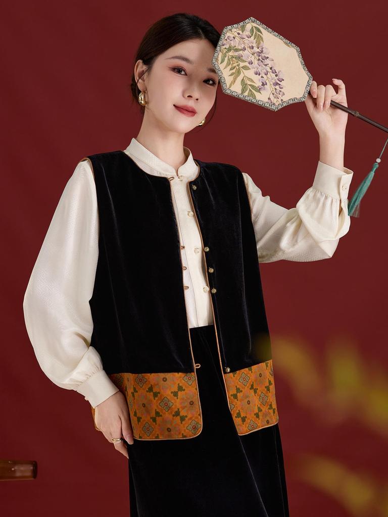 Xiangyunsha Women's Retro Silk Velvet Color Block Vest 1737
