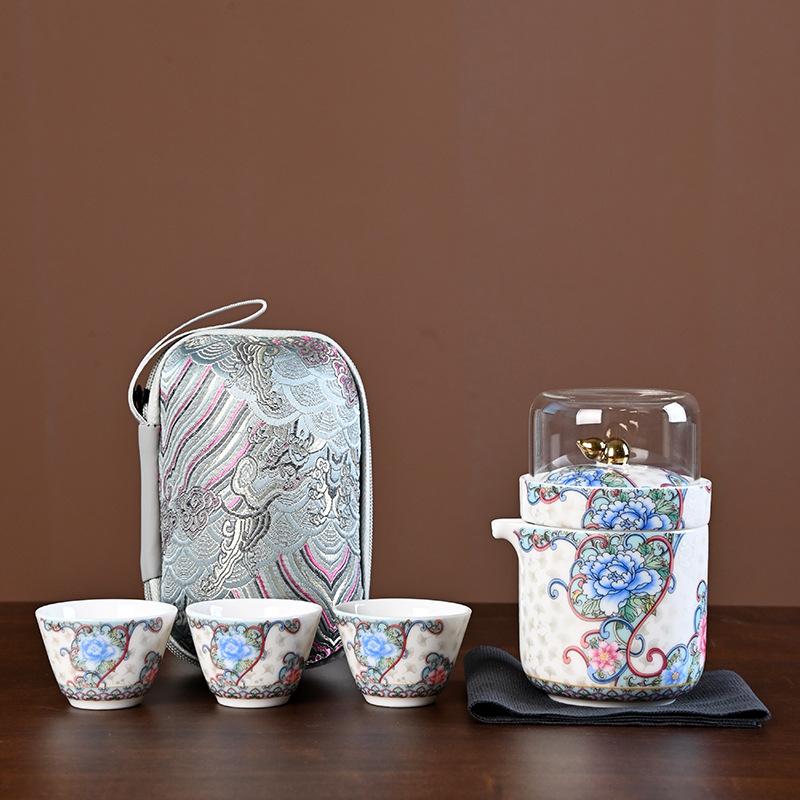Suet jade travel tea set, one pot and three cups set, portable express cup, outdoor camping teapot, tea cup gift