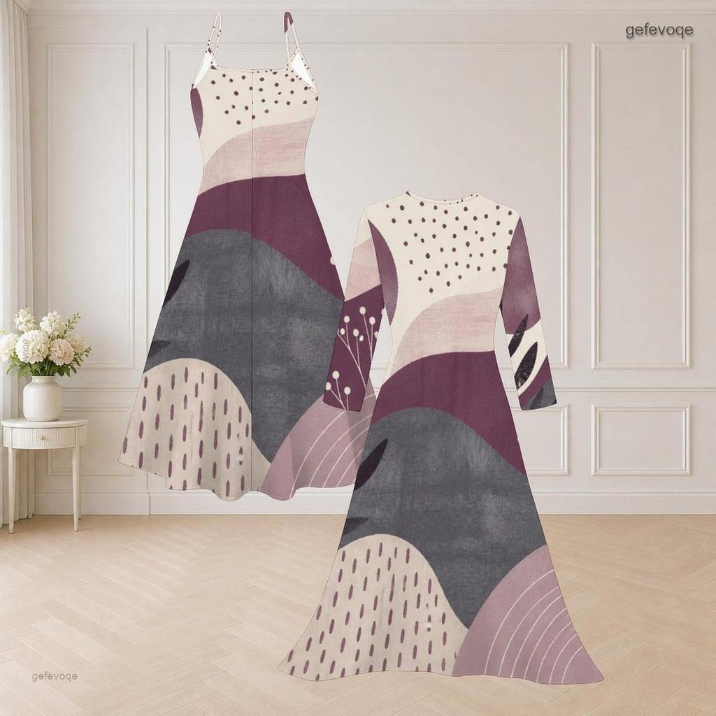 Women Plus Size Black White Orange Geometric Printed Two Piece Set Strappy Flared Dress Long Sleeve Open Front Cardigan