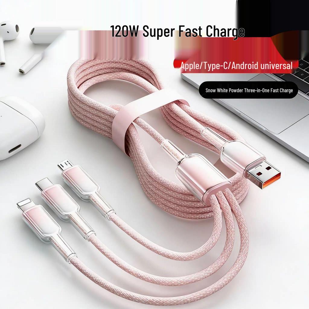 120W Ice Crystal Gradient 3-in-1 Braided Fast Charging Cable for Huawei, Apple, and Android Devices