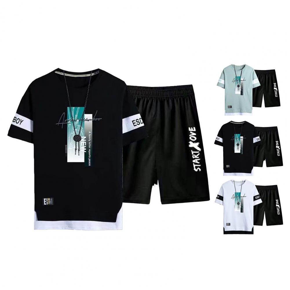 2Pcs/Collection Men Summer Outfit O-Neck Short Sleeve Letter Print T-shirt Elastic Waist Wide Leg Short Pants Collection Leisure Athletic Suit