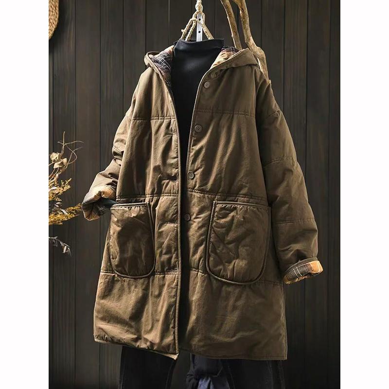 Parkas à capuche vintage pour femmes, manteaux à boutons, hiver, manches longues, poches, chaud, Arkas
