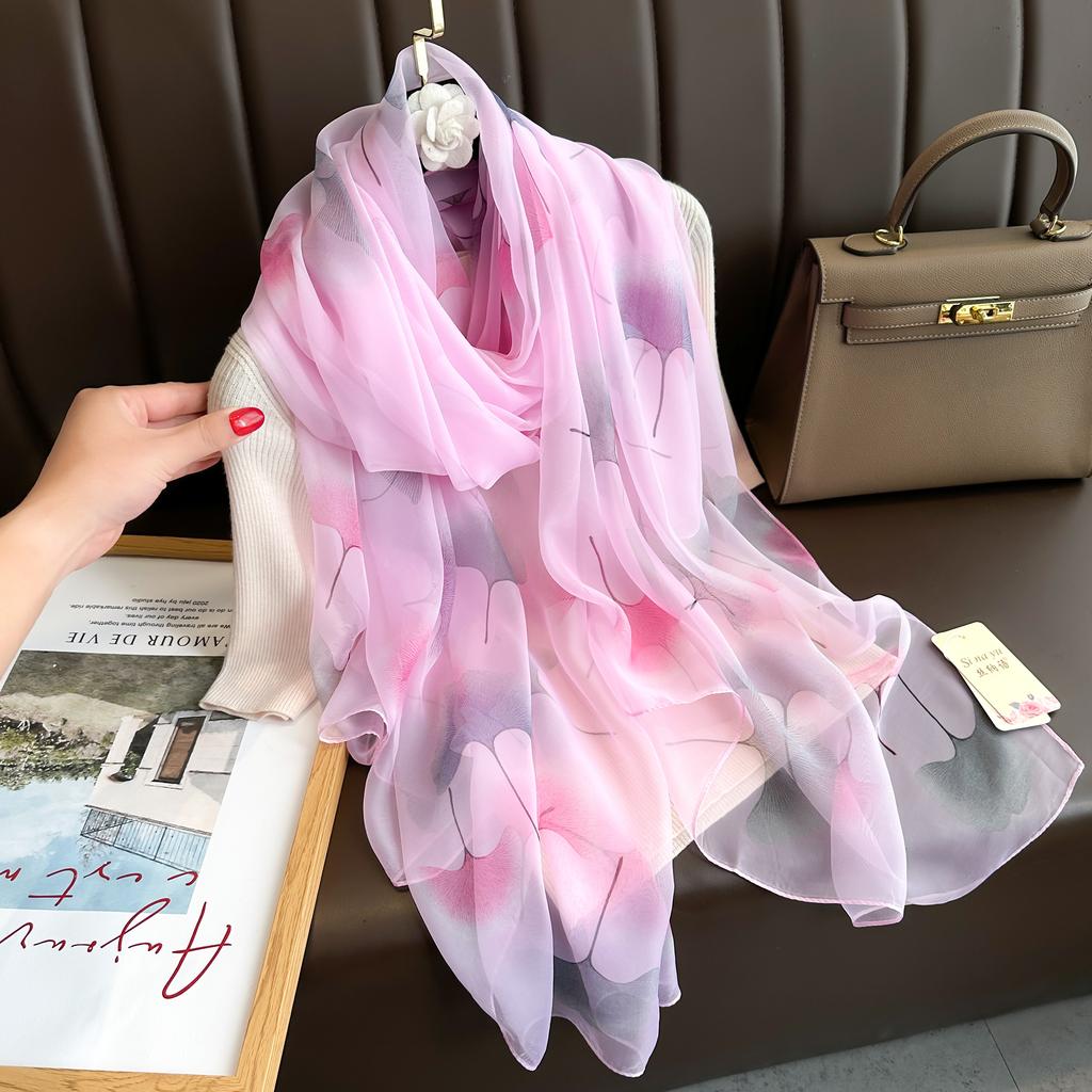 Fashion Silk Scarf Women Foulard Thin Stoles Beach Travel Tippet Floral Long Veil Shawl Luxury Scarves Soft Premium Pareos