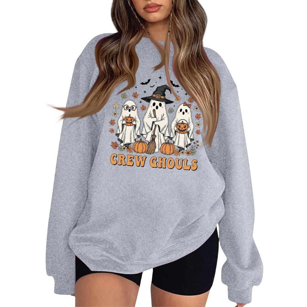Women's Fashion Round Neck Long Sleeve Hoodie Halloween Small Print Hoodie