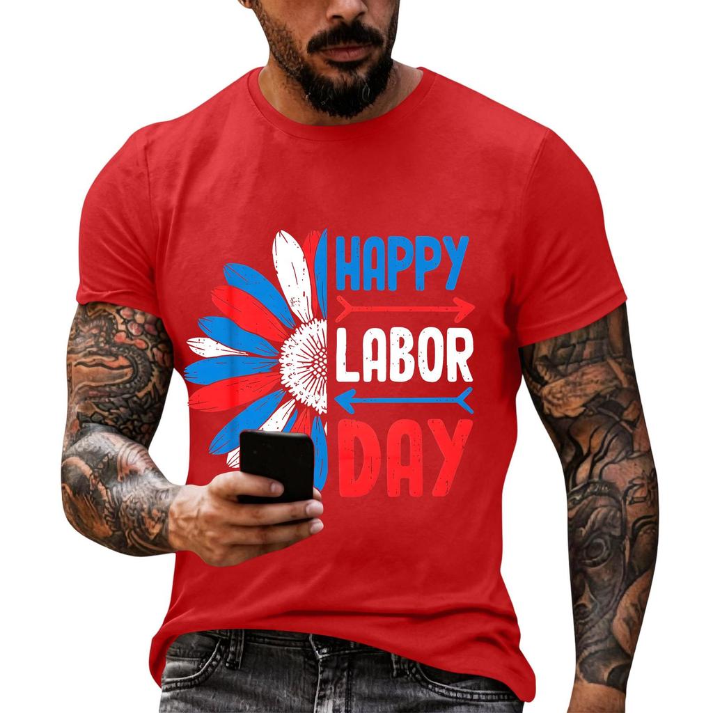 Men's Casual Loose Fit Short Sleeve T-Shirt Crew Neck Printed Graphic Tee for Labor Day Celebration Comfortable Everyday Wear