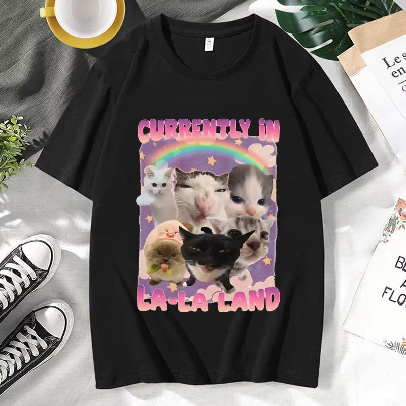 Currently in LaLa Land Funny Cat Meme T Shirt Stupid Gifts Unhinged Tshirt Gift for Women Goofy Cats Tee Shirts Short Sleeve