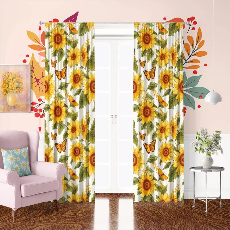 Set Of 2 Yellow Sunflower Butterfly Print Filter Curtain Digital Printing Suitable Living Room Bedroom Home Decoration For Area Made Polyester