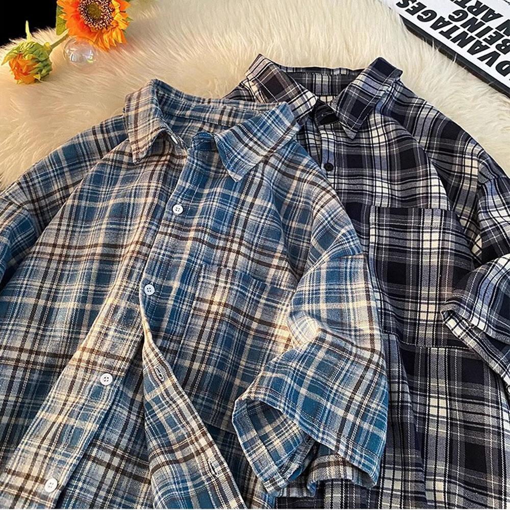 Dámské Pánské Y2K Vintage Jarní Podzimní Topy Kostkované Košile Trička Kabát Streetwear Muži Ženy Kardigan Japonský Styl Korejské Oblečení