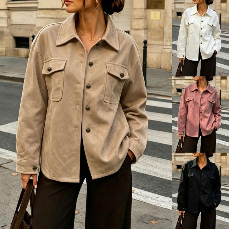 Women Loose Casual Faux Suede Lapel Button Pocket Autumn Winter Jacket