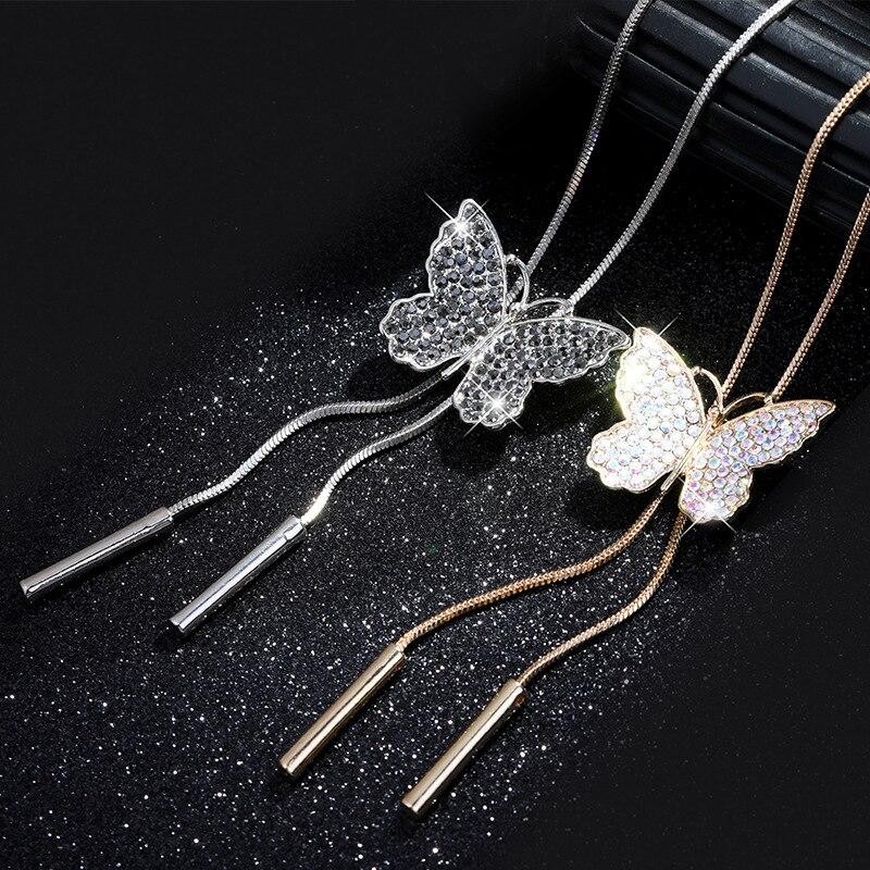 Retro Crystalline Butterfly Pendant Long Necklaces For Women All Match Sweater Chain Christmas Giveaway GiftsVintage Pendant