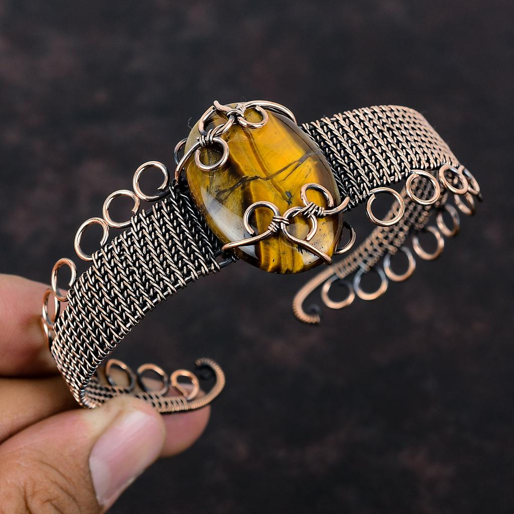 Tigerauge Edelstein Manschettenarmband Kupferdraht gewickelt verstellbares Manschettenarmband Handarbeit Unikat Armreif Geschenk für Sie Kupferdraht Wickelschmuck