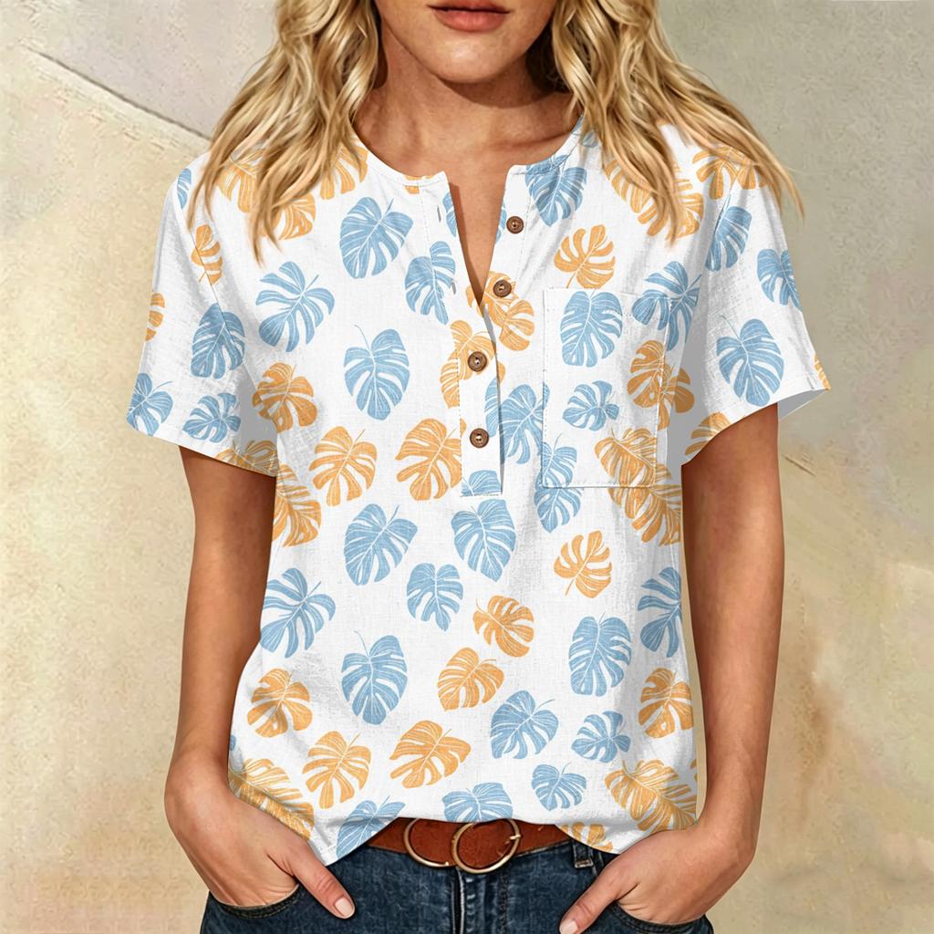 Women's Floral Print Short Sleeve Shirt Henley Button Neck Chest Pocket Casual Linen Cotton Blended Top for Summer