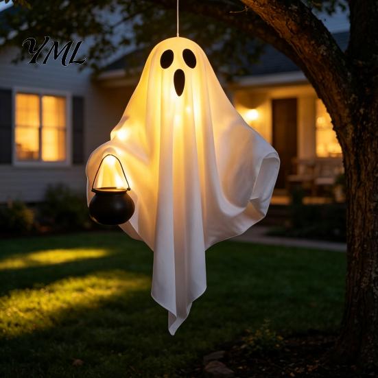 Lightweight Festival Party Supplies Halloween Hanging Ghost with LED Lights, Spooky White Gauze Glowing Ornament, Creepy Cauldron Decor Flexible