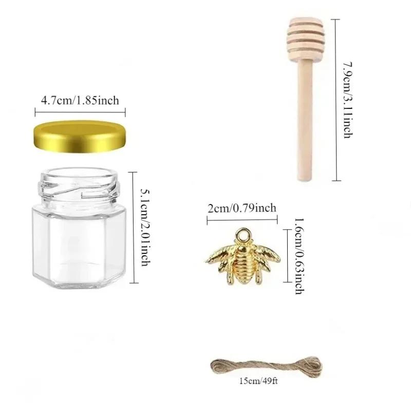 1.5Oz Hexagon Mini Glass Honey Jars Sealed Jars with Bee Pendants,Jutes,Wood Dipper Jam Jars for Party Favors Wedding Birthday
