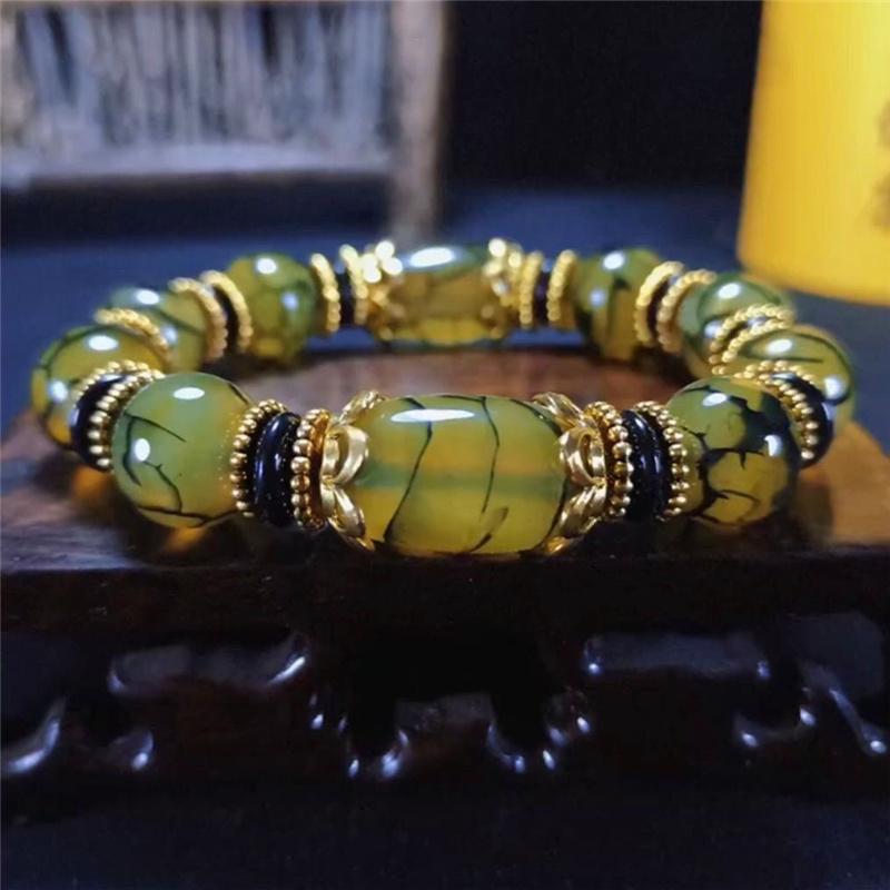 Natural Beautiful Stone Bracelet Green Ice Flower Bracelet Retro Tibetan Ethnic Style Bracelet Precious Jewelry