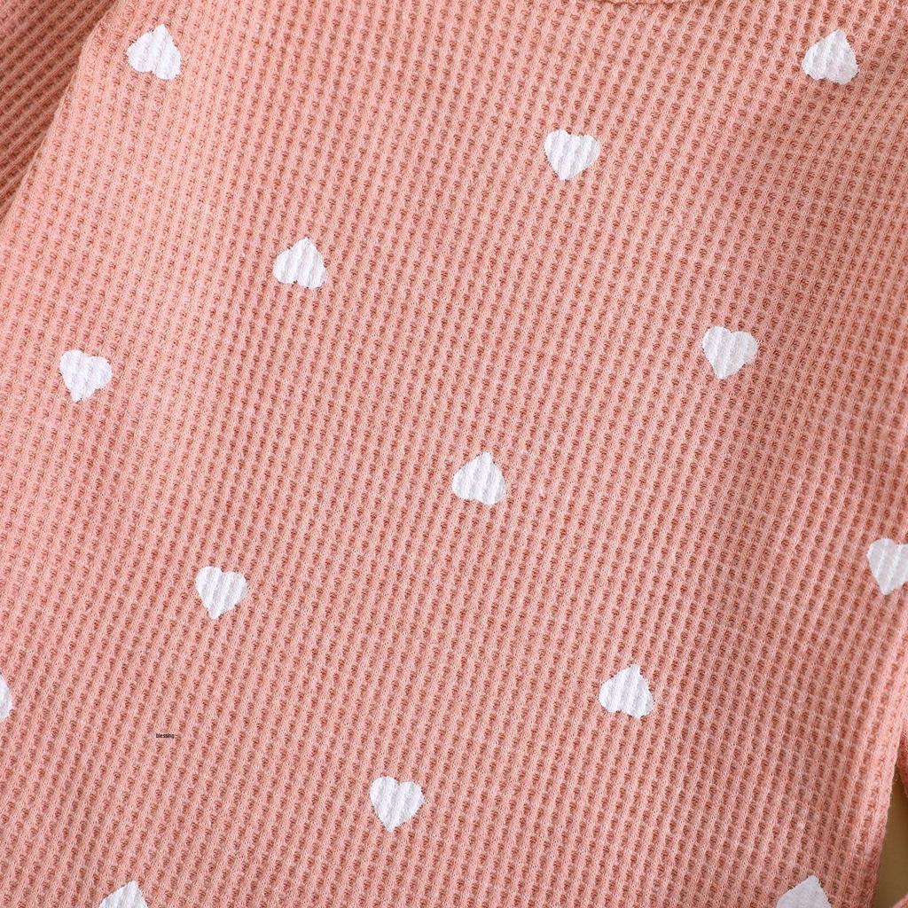 Girls' Heart Print Waffle Romper Set: Long Sleeve Romper, Long Pants & Headband.
