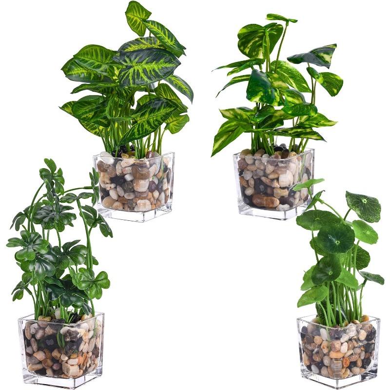 Artificial Potted Plants, Set of 4 Faux Tabletop Greenery with Clear Glass Pots and Cobblestones, Included Artificial Taro