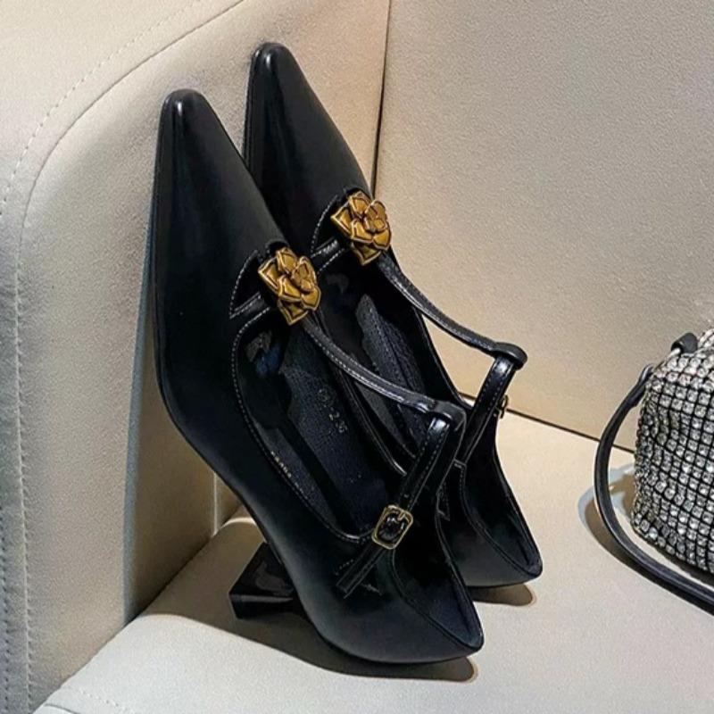 Mote Høst Nye Tynn Hæl Enkeltsko Damesko Spiss Tå Lav Utskjæring Metallblomst Sklisikker Slitesterk Lavsko