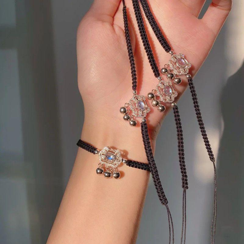 Moonstone safety lock bracelet female student Korean version retro woven black and red rope ins does not fade girlfriend gift