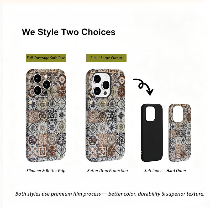 Vintage Moroccan Geometric Patchwork Tile Art Graphic Film Aesthetic Protective Shockproof Bumper Phone Case Cover For iPhone 14 15 16 Pro Max Plus
