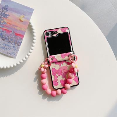 Für Samsung Galaxy Z Flip5 5G Hülle Scharnierdesign Lackiertes Muster PU-Leder+PC Handyhülle mit Perlenkette