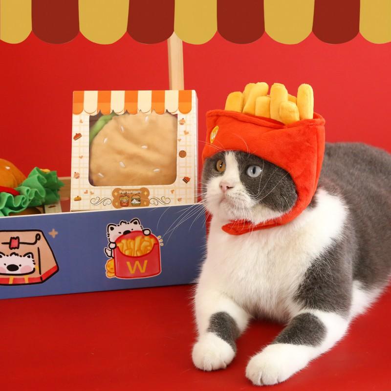 Cute Japanese Style Cartoon Food Hat Cats Dogs - Taiyaki Onigiri Burger Fries Plush Warm Headwear Pet Accessory