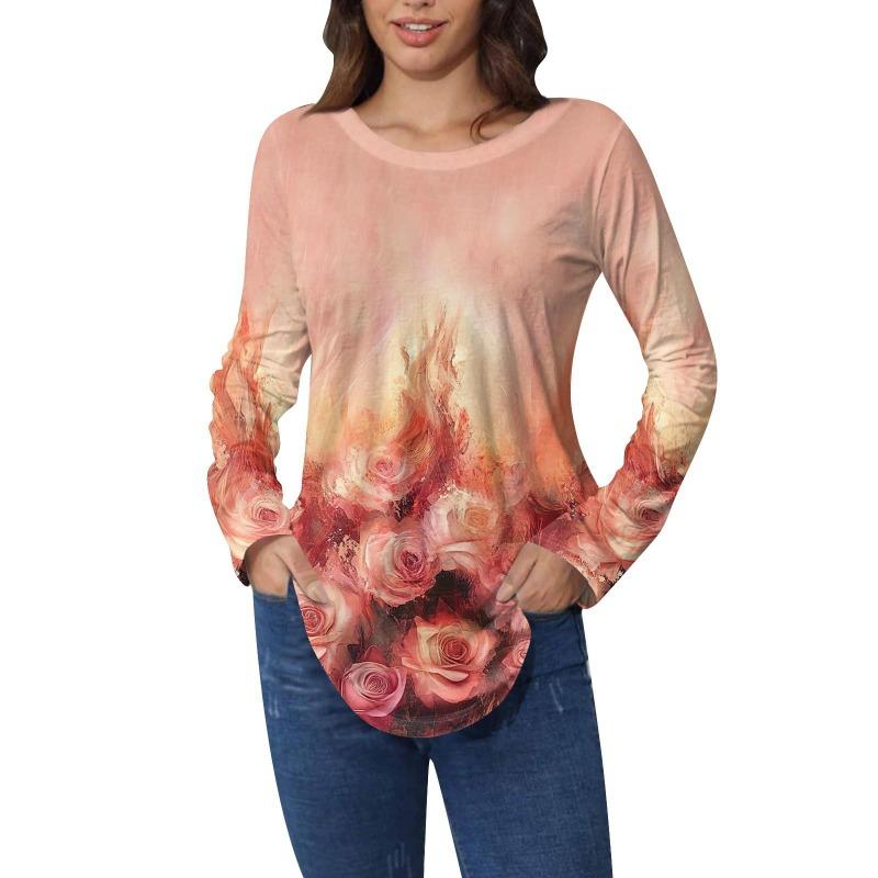 Shirts for Women Cute  Vintage Pattern Print T-Shirt Long Sleeve Tunic Tops Cotton Pullovers T-Shirts Women’s