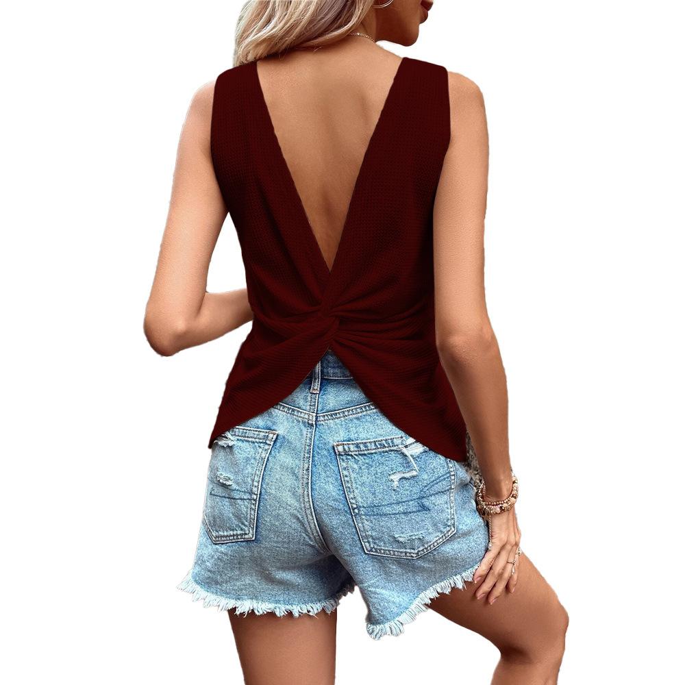 Women Summer Casual Solid Color Backless Knot Vest Top