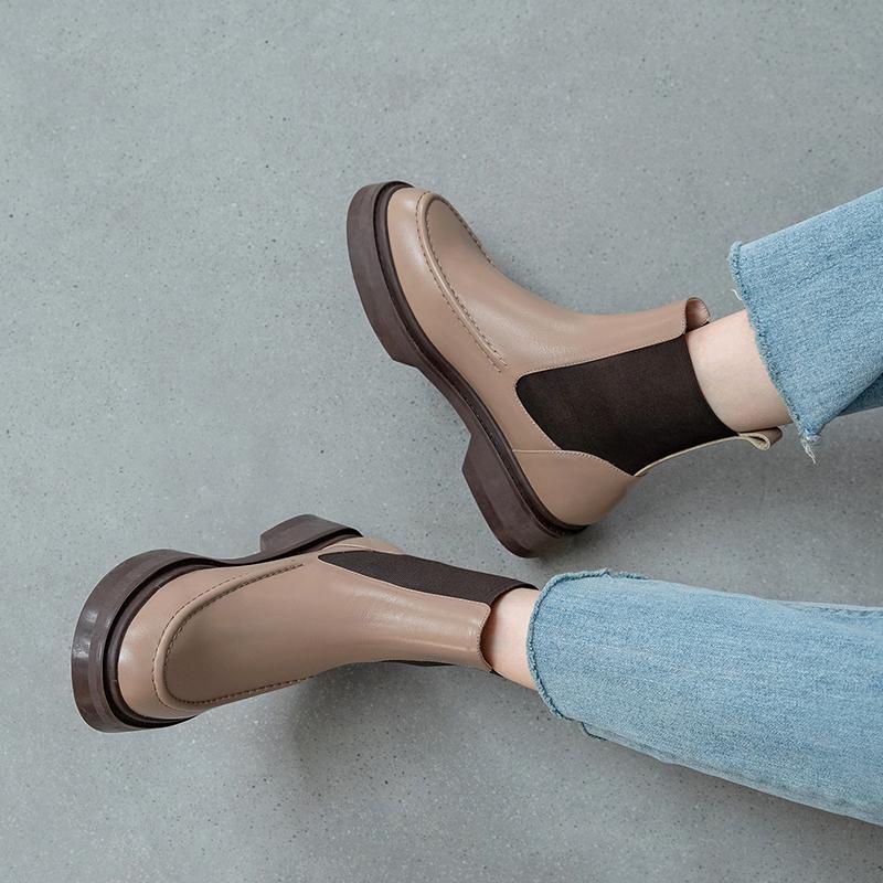 Fashion Hot Genuine Leather Women's Boots Retro British Style Slip-On Chelsea Boots Fashion Ankle Boots Round Toe Flat with Women Shoes