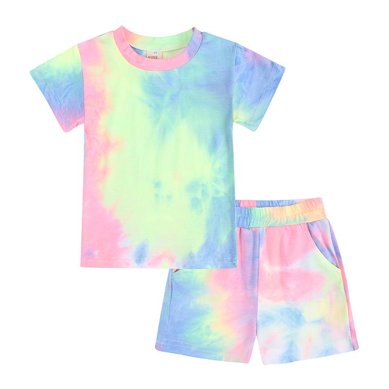 2026 Tie-Dye Summer Clothes Set for Kids: Short-Sleeve T-Shirt & Shorts for Boys and Girls, Small and Medium Sizes.