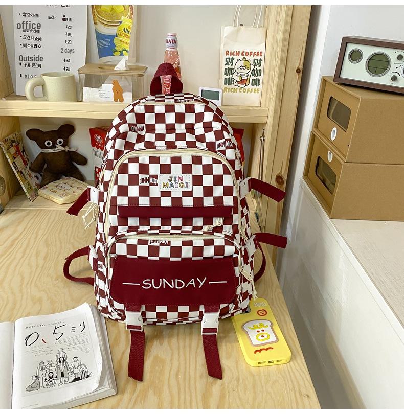 Girls' Korean Checkerboard Colorblock Lightweight Casual Backpack - Large Capacity for Middle & High School Students