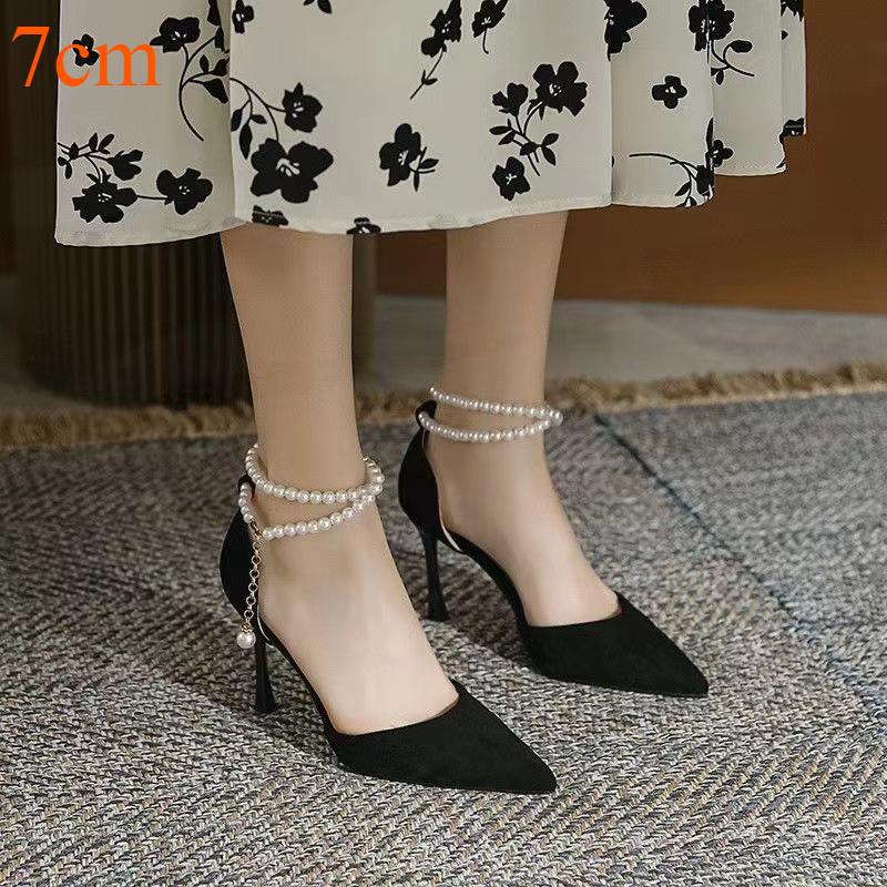 Sandals for Women's 2025 Summer New Bridesmaid Shoes Pearl Bow Black Thin Heel French Style High Heels Pointed Pumps for Women
