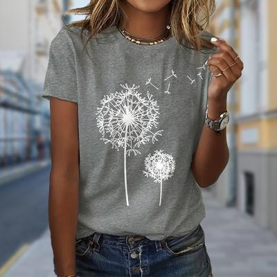 Women Summer T Shirt  Print Dandelion Short Sleeve Tees Casual   Printed  Tops