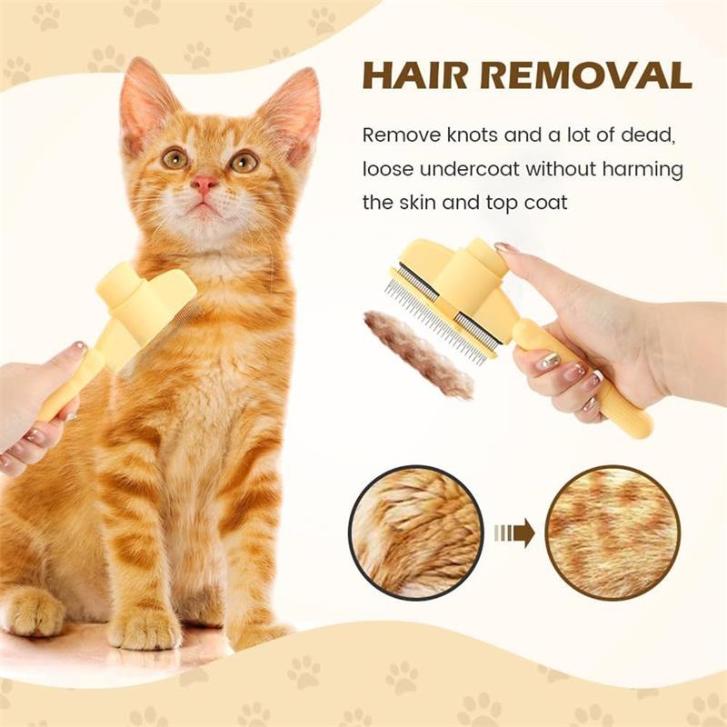 Pet Comb with Long & Short Stainless Steel Metal Teeth for Shedding and Tangles, Durable Self-Cleaning Cat Comb for Grooming with Release Button
